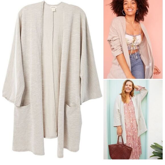 DONNI ribbed cardigan pockets one size fits all grayish taupe oatmeal color - Picture 1 of 6